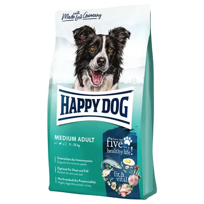 Hundfoderpåse med texten Happy Dog, Medium Adult 11–25 kg. Synlig text: Unterstützt das Immunsystem, Optimal für Haut und Fell, Hochverdauliche Proteinvielfalt, fit & vital.