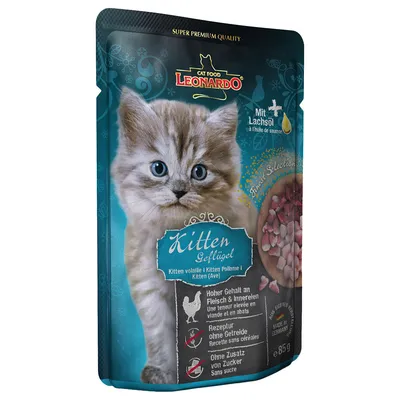Leonardo Cat Food Kitten Geflügel, alimento per gattini con pollo, 85 g. Testo visibile: senza cereali, senza zucchero aggiunto, alto contenuto di carne e frattaglie, con olio di salmone.