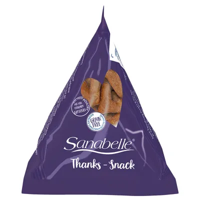 Sanabelle Thanks-Snack, mit frischem Geflügel, getreidefrei, ohne künstliche Zusätze. Verpackung in lila Farbe mit herzförmigen Snacks sichtbar.