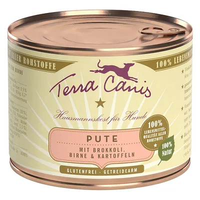 Lata de Terra Canis Hausmannskost für Hunde, Pute mit Brokkoli, Birne & Kartoffeln. Glutenfrei, 100 % Natur, 100 % Lebensmittel-Qualität aller Rohstoffe. Texto em alemão.