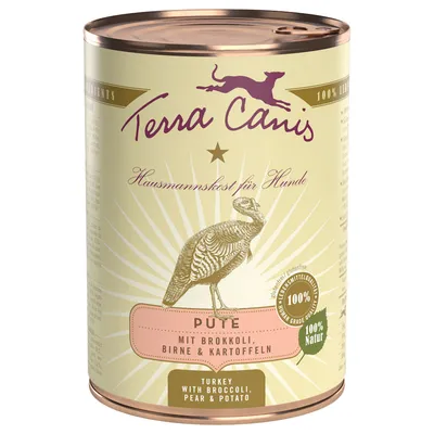 Blik Terra Canis hondenvoer, Pute mit Brokkoli, Birne & Kartoffeln. 100% Natur, Hausmannskost für Hunde. Turkey with broccoli, pear & potato. Tekst deels in het Duits en Engels.