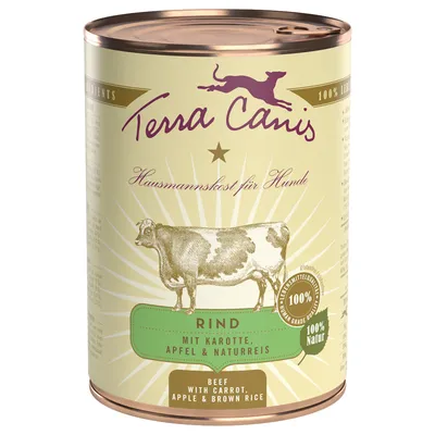 Terra Canis Rind, mit Karotte, Apfel & Naturreis. 100% Natur. Hausmannskost für Hunde. Beef with carrot, apple & brown rice. Tekst deels in het Duits en Engels.