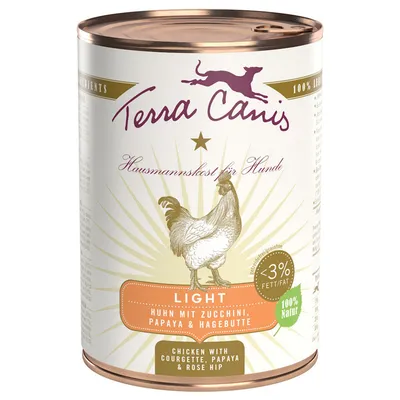 Terra Canis LIGHT chicken with courgette, papaya & rose hip. <3% fat. 100% natur. Huhn mit Zucchini, Papaya & Hagebutte. Chicken illustration on tin. Text partly in German and English.