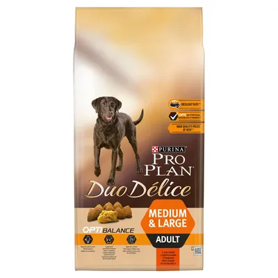 Purina Pro Plan Duo Délice OptiBalance Medium & Large Adult, widoczny czarny pies, kawałki karmy, napisy: excellent taste, opti nutrition, high quality pieces of beef.