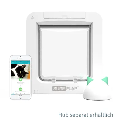 SureFlap mikro čip mačja vrata s pametnim telefonom. Hub na voljo posebej.