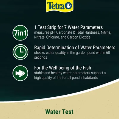 Tetra 7in1 teststrimler til 7 vandparametre: pH, karbonat- og totalhårdhed, nitrit, nitrat, klor, kuldioxid. Hurtig måling på 60 sekunder. For fiskens velbefindende. Tetra 7in1 teststrimler til 7 vandparametre: pH, karbonat- og totalhårdhed, nitrit, nitrat, klor, kuldioxid. Hurtig måling på 60 sekunder. For fiskens velbefindende.
