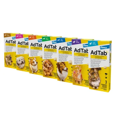AdTab Elanco kauwtabletten voor honden en katten, verpakkingen met afbeeldingen van verschillende honden- en kattenrassen, gewichtscategorieën 2–3,5 kg tot >22–45 kg en 0,5–2,0 kg tot >2,0–8,0 kg.