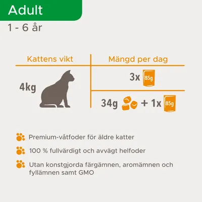 Utfodringsråd för vuxen katt 1–6 år, vikt 4 kg: 3×85 g våtfoder eller 34 g torrfoder + 1×85 g våtfoder. Premium-våtfoder, 100 % helfoder, utan konstgjorda tillsatser och GMO.