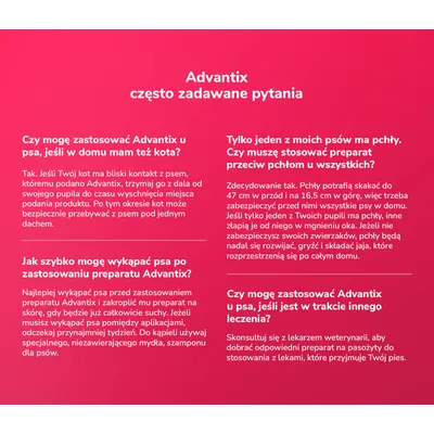 Advantix – często zadawane pytania dotyczące stosowania preparatu u psów i kotów, kąpieli po aplikacji, leczenia oraz zabezpieczenia wszystkich zwierząt przed pchłami. Tekst w języku polskim.