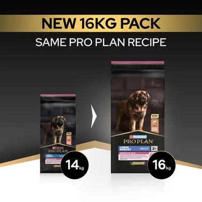 Purina Pro Plan Large Robust Adult Sensitive Skin nu i den nye 16,kg pakke, tidligere 14,kg. Samme opskrift, ny pakningsstørrelse. Purina Pro Plan Large Robust Adult Sensitive Skin nu i den nye 16,kg pakke, tidligere 14,kg. Samme opskrift, ny pakningsstørrelse.