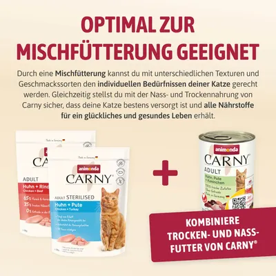 Optimal zur Mischfütterung geeignet. Kombiniere Trocken- und Nassfutter von Carny für individuelle Bedürfnisse deiner Katze und alle Nährstoffe für ein glückliches, gesundes Leben.