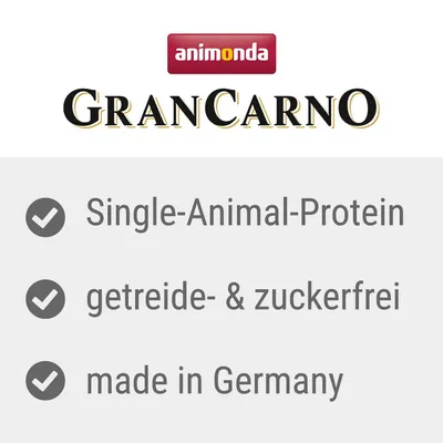 animonda GranCarno. Single-Animal-Protein, getreide- & zuckerfrei, made in Germany (texte en anglais et allemand).