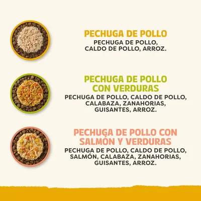 Resumen de ingredientes: Pechuga de pollo con arroz, pechuga de pollo con verduras y arroz, pechuga de pollo con salmón, verduras y arroz. Los ingredientes incluidos están listados en cada caso.