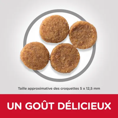 Taille approximative des croquettes 5 × 12,5 mm. Texte : UN GOÛT DÉLICIEUX.
