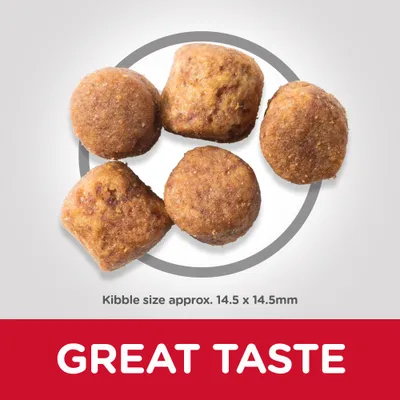 Five pieces of kibble shown with text stating kibble size approximately 14.5 by 14.5 millimetres and the phrase 'Great Taste' highlighted below.