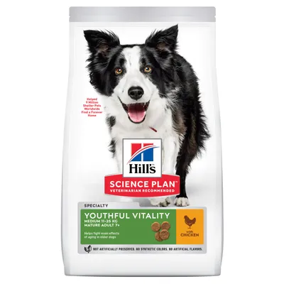 Embalagem de ração Hill's Science Plan Youthful Vitality para cães médios 11–25 kg, adulto maduro 7+, com frango. Texto visível: 'Helps fight main effects of aging in older dogs'.