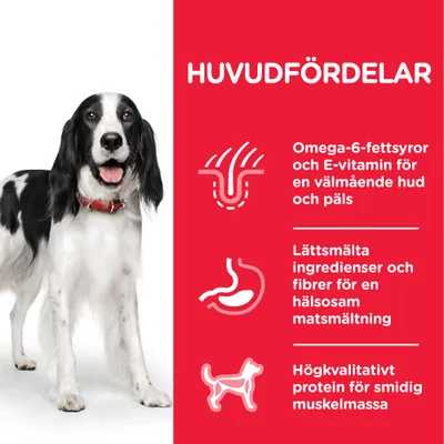 HUVUDFÖRDELAR: Omega-6-fettsyror och E-vitamin för hud och päls, lättsmälta ingredienser och fibrer för matsmältning, högkvalitativt protein för muskelmassa. Text på svenska.