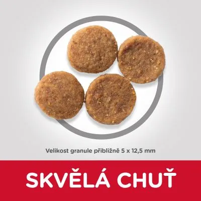 Čtyři granule, velikost přibližně 5 × 12,5 mm. Text: SKVĚLÁ CHUŤ.