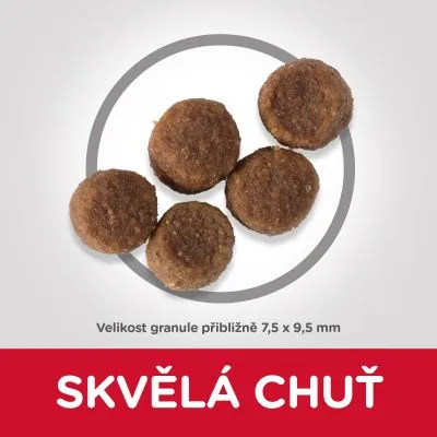 Pět granulí, velikost přibližně 7,5 × 9,5 mm. Text: SKVĚLÁ CHUŤ.