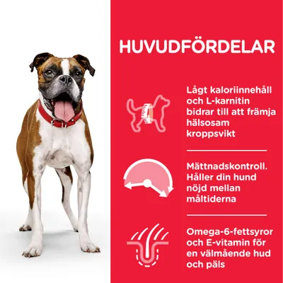 HUVUDFÖRDELAR: Lågt kaloriinnehåll och L-karnitin främjar hälsosam kroppsvikt, mättnadskontroll mellan måltider, omega-6-fettsyror och E-vitamin för hud och päls.