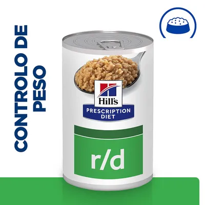 Lata de comida Hill's Prescription Diet r/d com imagem do produto e texto visível: CONTROLO DE PESO.