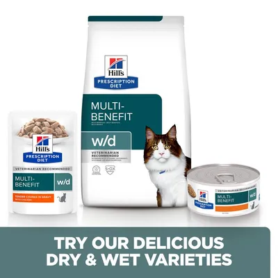 Hill's Prescription Diet Multi-Benefit w/d dry and wet food packaging with text: Try our delicious dry & wet varieties. Veterinarian recommended.