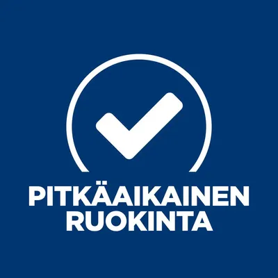 PITKÄAIKAINEN RUOKINTA -teksti ja valkoinen valintamerkki sinisellä taustalla