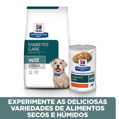 Hill's Prescription Diet Diabetes Care w/d, embalagem de ração seca e lata de alimento húmido para cães. Texto: Experimente as deliciosas variedades de alimentos secos e húmidos.