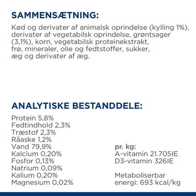 Sammensætning: kød, kylling 1 %, vegetabilske derivater, grøntsager 3,1 %, korn, olie, fedtstoffer. Analytiske bestanddele: protein 5,8 %, fedt 2,3 %, vand 79,9 %, energi 693 kcal/kg.