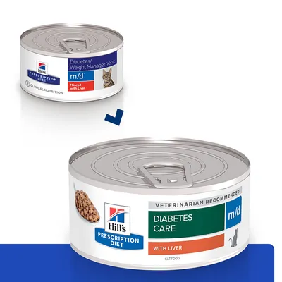 Hill's Prescription Diet m/d kattenvoer blik, Diabetes/Weight Management en Diabetes Care with Liver, afbeelding van productverpakking met kat en voer zichtbaar.