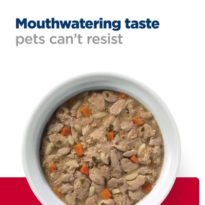 Mouthwatering taste pets can't resist felirat, alatta tálban húsos, zöldséges állateledel látható. A szöveg angol nyelvű.