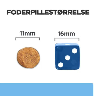Foderpillestørrelse vist: foderpille 11 mm ved siden af blå terning 16 mm. Tekst: FODERPILLESTØRRELSE, 11 mm, 16 mm.