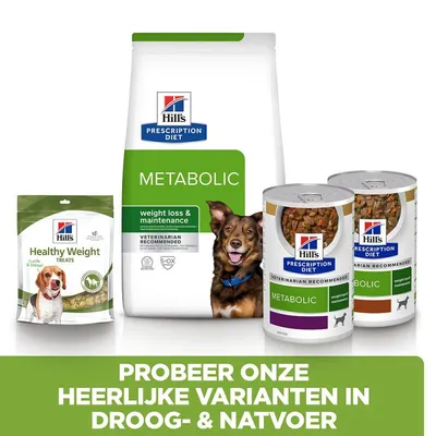 Hill's Prescription Diet Metabolic droogvoer, natvoer en Healthy Weight treats voor honden. Tekst: Probeer onze heerlijke varianten in droog- & natvoer.