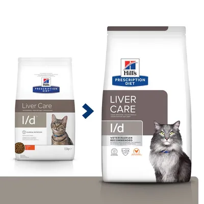 Hill's Prescription Diet Liver Care l/d kattenvoer, oude en nieuwe verpakking met kattenafbeelding en zichtbare tekst: 'VETERINARIAN RECOMMENDED', 1,5 kg op oude zak.