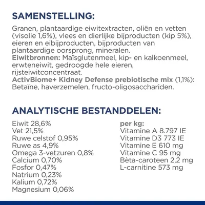 Samenstelling: granen, plantaardige eiwitextracten, oliën en vetten (visolie 1,6%), kip 5%, eieren, mineralen. Analytische bestanddelen: eiwit 28,6%, vet 21,5%, omega 3 0,8%.
