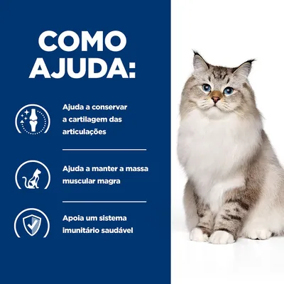 Como ajuda: Ajuda a conservar a cartilagem das articulações, ajuda a manter a massa muscular magra, apoia um sistema imunitário saudável. Texto acompanhado por imagem de gato.