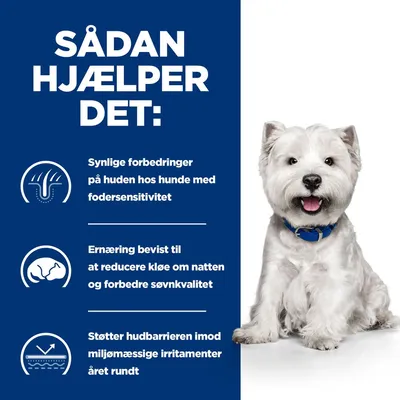 Sådan hjælper det: Synlige forbedringer på huden hos hunde med fodersensitivitet. Ernæring bevist til at reducere kløe om natten og forbedre søvnkvalitet. Støtter hudbarrieren imod miljømæssige irritamenter året rundt.