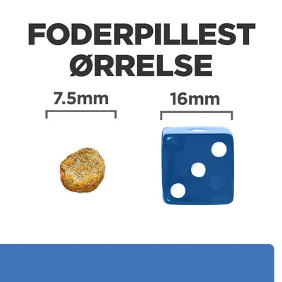Foderpille størrelse: 7,5 mm vist ved siden af en blå terning på 16 mm. Tekst: Foderpillestørrelse, 7.5 mm, 16 mm.