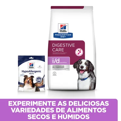 Hills Prescription Diet Digestive Care i/d sensitive e Hills HypoAllergenic Treats para cães. Texto: Experimente as deliciosas variedades de alimentos secos e húmidos.