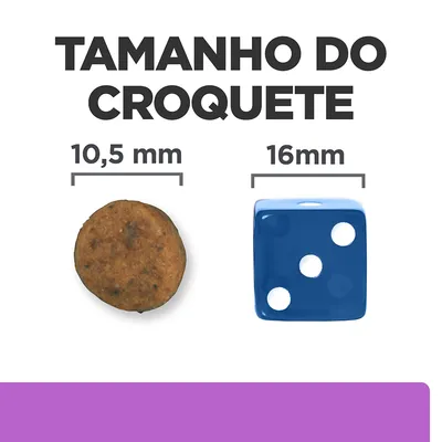 Tamanho do croquete: diâmetro de 10,5 mm ao lado de um dado azul com 16 mm. Texto visível: 'TAMANHO DO CROQUETE', '10,5 mm', '16 mm'.