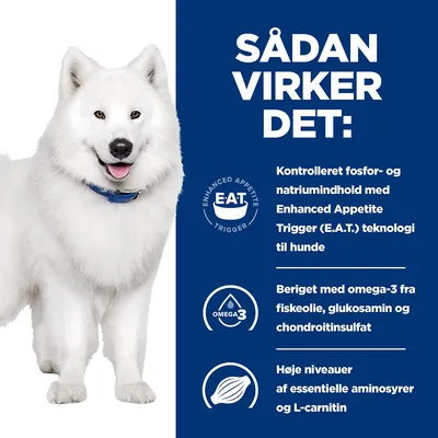 Sådan virker det: Kontrolleret fosfor- og natriumindhold med Enhanced Appetite Trigger (E.A.T.) teknologi til hunde. Beriget med omega-3 fra fiskeolie, glukosamin og chondroitinsulfat. Høje niveauer af essentielle aminosyrer og L-carnitin.