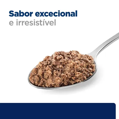 Texto visível: 'Sabor excecional e irresistível' acima de uma colher com comida húmida para animais de estimação.