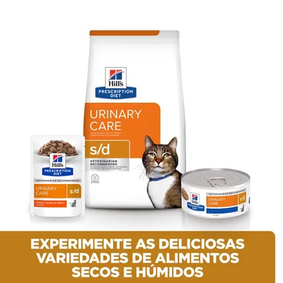 Hill's Prescription Diet Urinary Care s/d para gatos, embalagem de ração seca, saqueta e lata de alimento húmido. Texto: Experimente as deliciosas variedades de alimentos secos e húmidos.