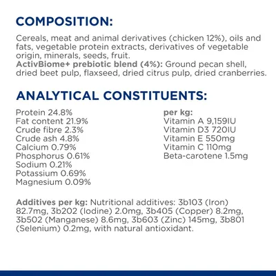 Image shows product composition, analytical constituents including protein 24.8%, fat 21.9%, vitamins A, D3, E, C, beta-carotene, and additives per kg such as iron, iodine, copper, zinc.