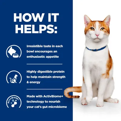 How it helps: Irresistible taste encourages appetite, highly digestible protein supports strength and energy, ActivBiome+ technology nourishes cat’s gut microbiome.