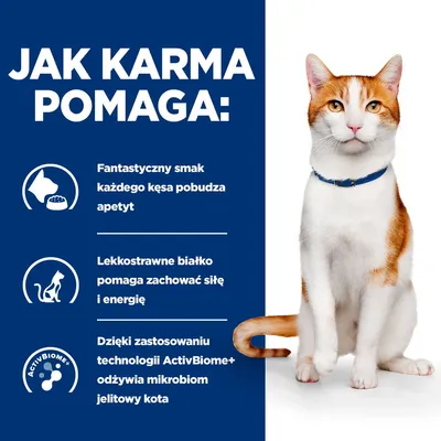 Jak karma pomaga: fantastyczny smak pobudza apetyt, lekkostrawne białko wspiera siłę i energię, technologia ActivBiome+ odżywia mikrobiom jelitowy kota.