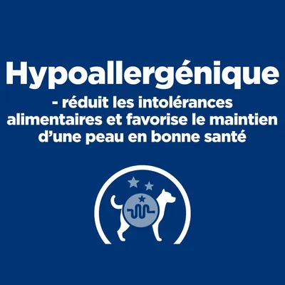 Hypoallergénique – réduit les intolérances alimentaires et favorise le maintien d’une peau en bonne santé. Illustration chien avec symbole médical.