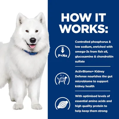 How it works: controlled phosphorus and sodium, omega-3s from fish oil, glucosamine, chondroitin sulfate, ActivBiome+ Kidney Defense for gut health, essential amino acids and protein.