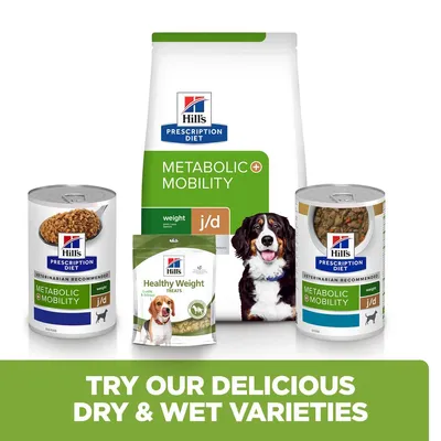Hill's Prescription Diet Metabolic + Mobility j/d suha i mokra hrana za pse, Healthy Weight poslastice, pas na pakiranju. Tekst: TRY OUR DELICIOUS DRY & WET VARIETIES.