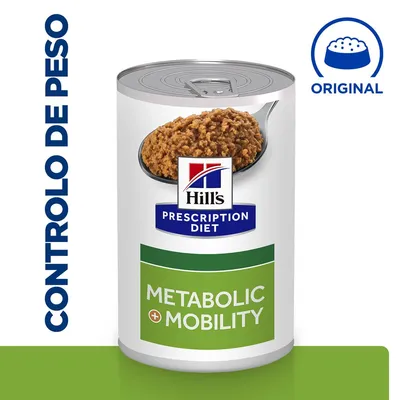 Lata de comida Hill's Prescription Diet Metabolic + Mobility, com texto visível: CONTROLO DE PESO e ORIGINAL. Ração húmida apresentada numa colher na embalagem.